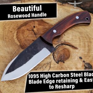 High Carbon Steel Knife - Handmade Full Tang Bushcraft Knife - Hunting Knife, Survival Knife, Fixed Blade Knife & Camping Knife - Camping Knives & Hunting Knives with Rosewood Handle & leather Sheath