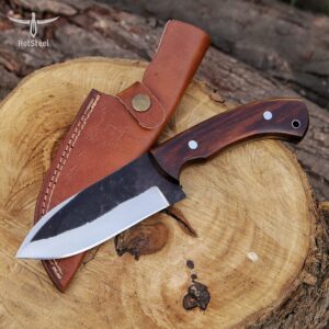 High Carbon Steel Knife - Handmade Full Tang Bushcraft Knife - Hunting Knife, Survival Knife, Fixed Blade Knife & Camping Knife - Camping Knives & Hunting Knives with Rosewood Handle & leather Sheath