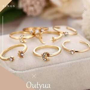 Outyua Boho Rhinstone Knuckle Rings Set Gold Star Moon Stacking Midi Finger Rings Set Bohomian Crystal Statement Joint Knuckle Ring Set for Women 7 Pack