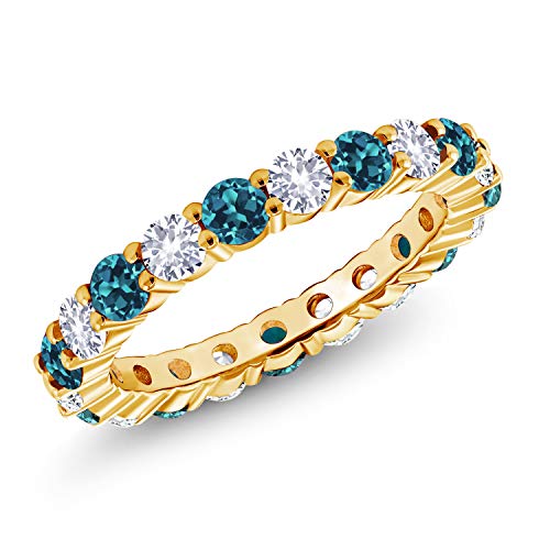 Gem Stone King 18K Yellow Gold Plated Silver Round London Blue Topaz and White Created Sapphire Eternity Band Ring For Women (1.30 Cttw, Gemstone Birthstone, Available In Size 5, 6, 7, 8, 9)