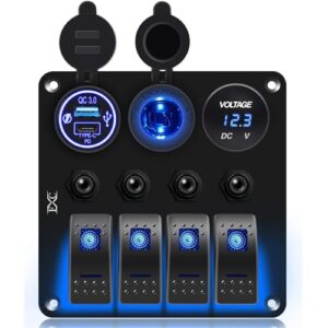 fxc waterproof marine boat rocker switch panel 4 gang with qc3.0 usb & type-c slot socket + cigarette lighter +led voltmeter with overload protection for car rv vehicles truck (4 gang blue led)