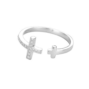 NewZenro Double Cross Faith S925 Sterling Silver CZ Crystal Opening Ring for Women Dainty Adjustable Statement Engagement Finger Christian Finger Rings Jewelry Gifts Birthday Bff