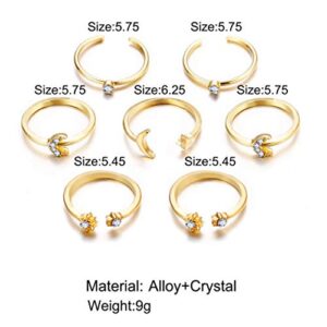 Outyua Boho Rhinstone Knuckle Rings Set Gold Star Moon Stacking Midi Finger Rings Set Bohomian Crystal Statement Joint Knuckle Ring Set for Women 7 Pack