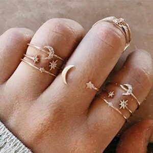 Outyua Boho Rhinstone Knuckle Rings Set Gold Star Moon Stacking Midi Finger Rings Set Bohomian Crystal Statement Joint Knuckle Ring Set for Women 7 Pack