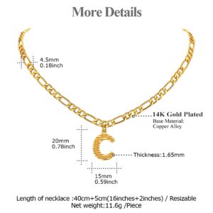 FOCALOOK Initial Necklace for Women Men Teens Letter C Pendant 14K Gold Plated Necklaces 18 Inch Figaro Chain (C)