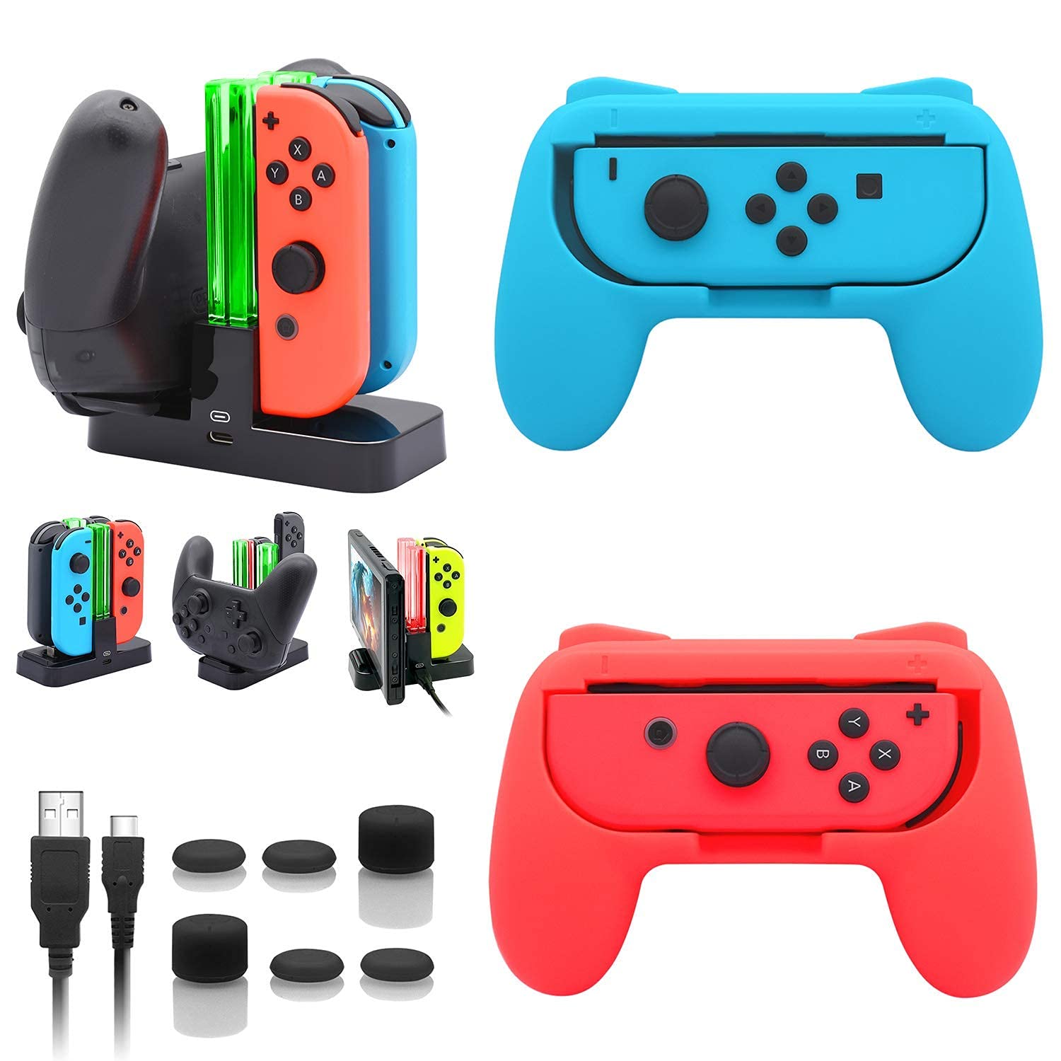 FASTSNAIL Charging Dock and 2 Pack Switch Grips Kit for Nintendo Switch Joy Con & OLED Model, Charger Stand Station with Charging Cable, Wear-Resistant Grip Controller with 6 Thumb Grip