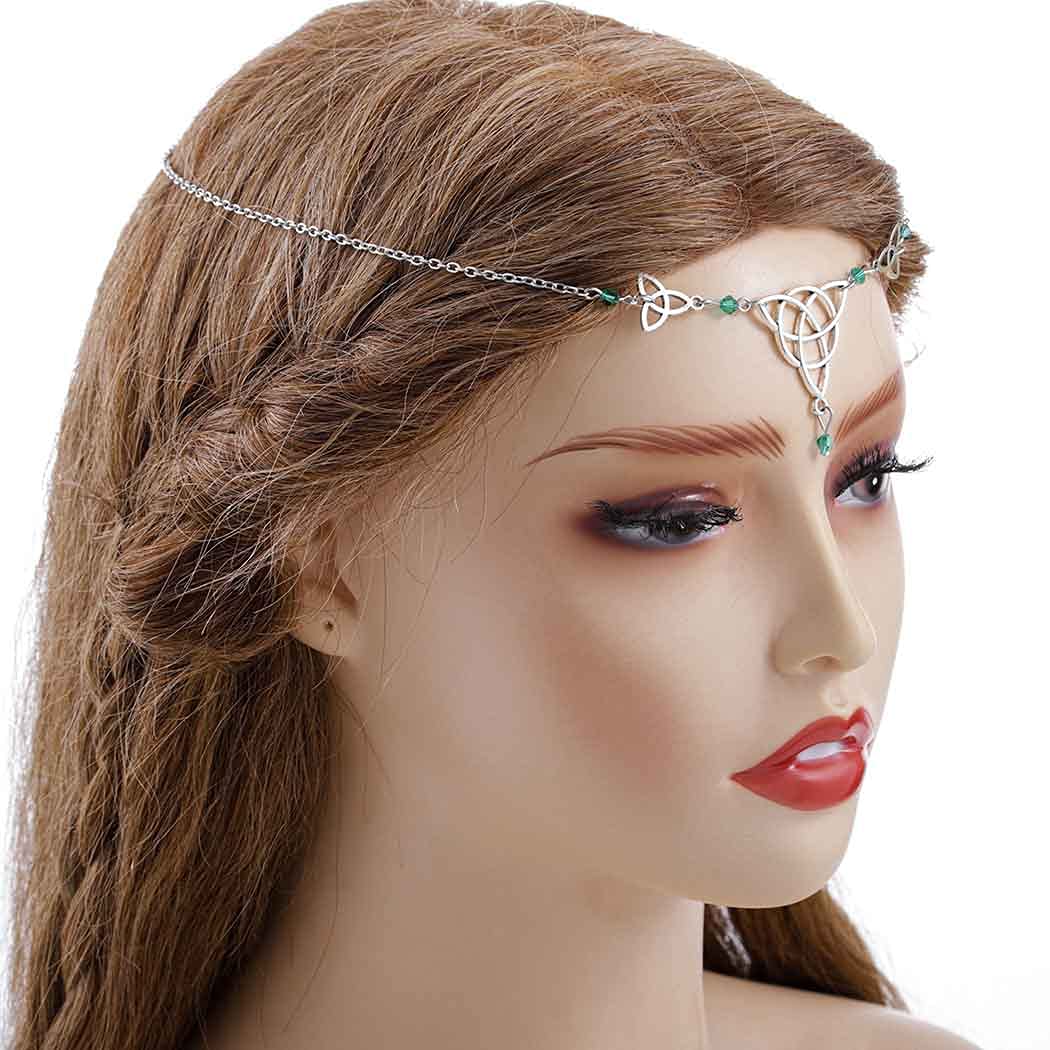 SHAMZBEST Bomine Boho Head Chain Crystal Hair Chain Forehead Festival Wedding Irish Headpieces Hair Acessories for Women and Girls (Green) (silver)