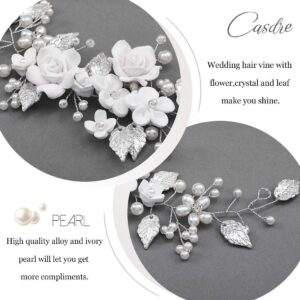 Casdre Flower Bride Wedding Hair Vine Pearl Bridal Headpiece Leaf Hair Accessories Hair Piece for Women and Girls (A Silver)