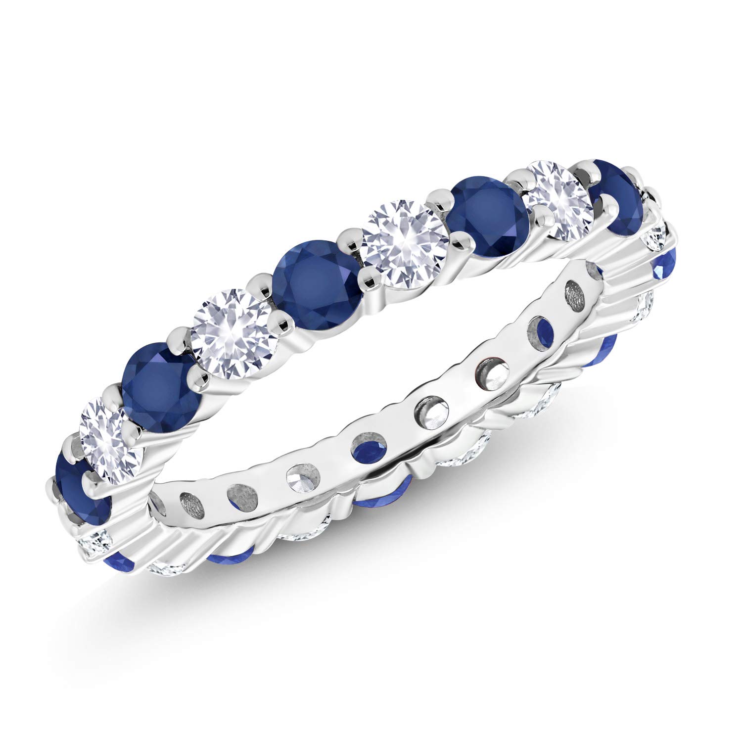 Gem Stone King 3.00 Cttw Blue Sapphire and White Created Sapphire Eternity Band Ring For Women In 925 Sterling Silver | Available in size 5, 6, 7, 8, 9