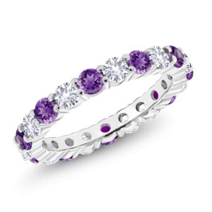 Gem Stone King 925 Sterling Silver 3MM Purple Amethyst and 3MM White Created Sapphire Eternity Band Ring For Women (1.00 Cttw, Round 3MM, Gemstone Birthstone, Available In Size 5, 6, 7, 8, 9)