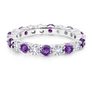 Gem Stone King 925 Sterling Silver 3MM Purple Amethyst and 3MM White Created Sapphire Eternity Band Ring For Women (1.00 Cttw, Round 3MM, Gemstone Birthstone, Available In Size 5, 6, 7, 8, 9)