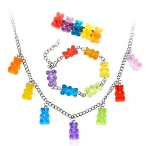 Colorful Gummy Bear Necklace Bracelet Hairpin Set Fashion Resin Candy Color Tiny Animal Charms Dangling Pendant Necklace Barrette for Women Adorable Gift