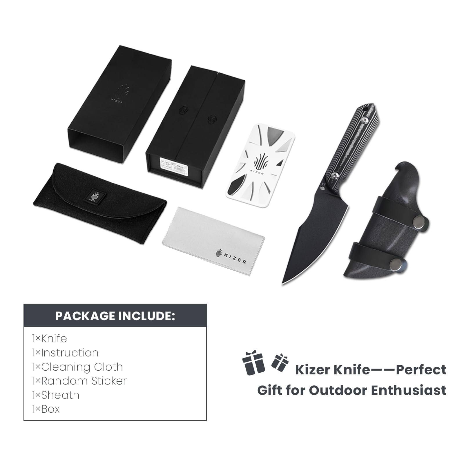 Kizer Harpoon Fixed Blade Knife, D2 Blade with Black Micarta Handle Hunting Knife, EDC Fixed Blade Knife with Sheath, Hiking Camping Knife 1040A1