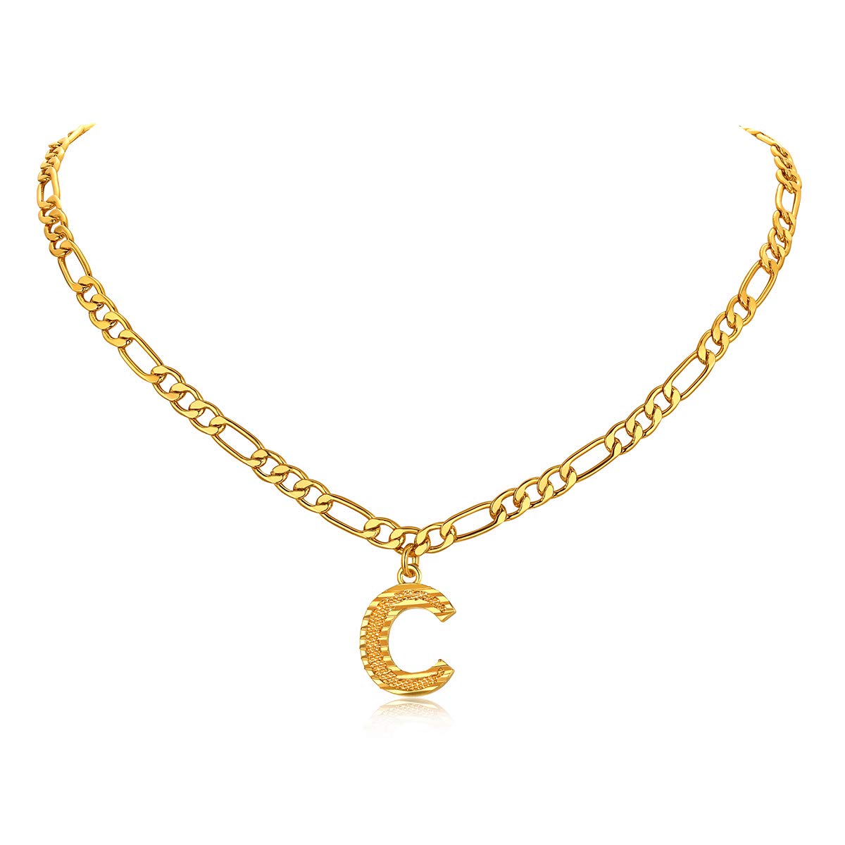 FOCALOOK Initial Necklace for Women Men Teens Letter C Pendant 14K Gold Plated Necklaces 18 Inch Figaro Chain (C)