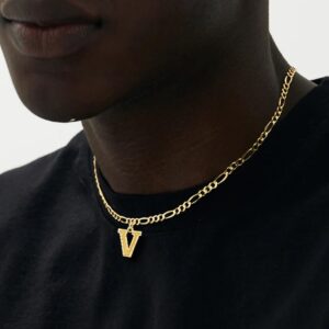 FOCALOOK Initial Necklace for Women Men Teens Letter C Pendant 14K Gold Plated Necklaces 18 Inch Figaro Chain (C)