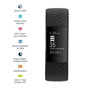 Fitbit Charge 4 Fitness and Activity Tracker with Built-in GPS, Heart Rate, Sleep & Swim Tracking, Black/Black, One Size (S & L Bands Included) (Renewed)