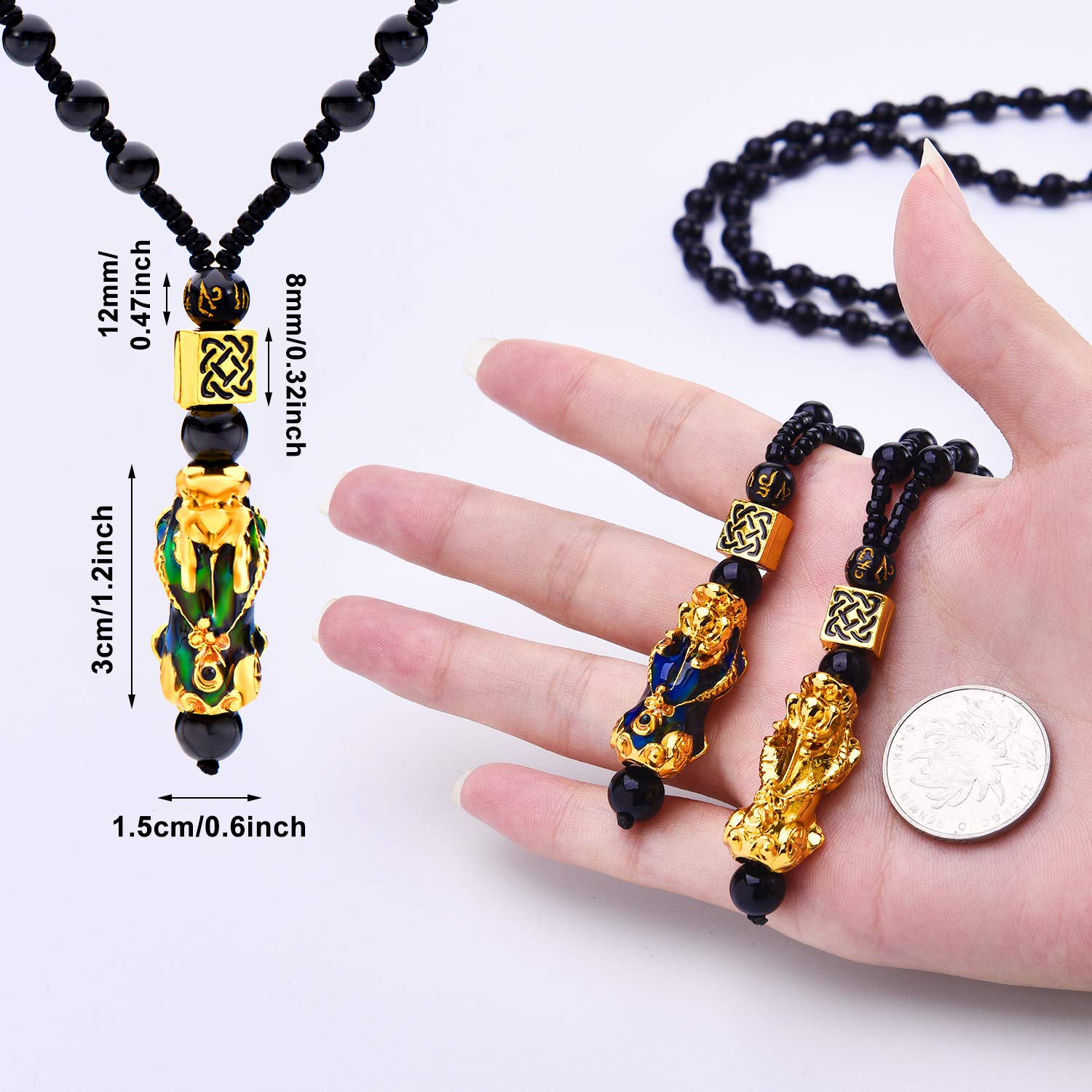 4 Pieces Feng Shui Pi Xiu Pi Yao Bracelet Necklace Set, Adjustable Feng Shui Lucky Nafu Wealth Necklaces Black Bead Bracelet with Hand Carved Amulet Bead (Six Thermochromism)