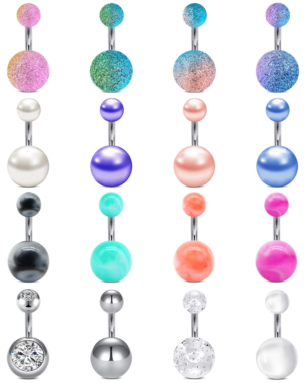 Longita 16pcs Belly Button Rings Short Bar 6mm 1/4" Stainless Steel 14g Pearl Colorful Rubber Ball Belly Ring Navel Piercing Jewelry Pack