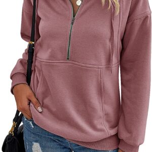 PRETTYGARDEN Women’s Casual Long Sleeve Lapel Zipper Sweatshirt Drawstring Loose Pullover Tops Pink