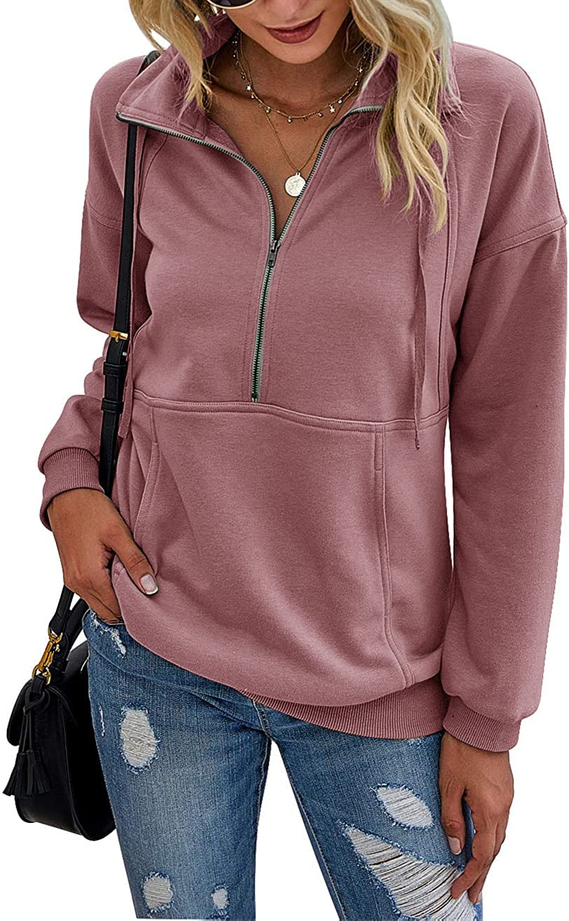 PRETTYGARDEN Women’s Casual Long Sleeve Lapel Zipper Sweatshirt Drawstring Loose Pullover Tops Pink