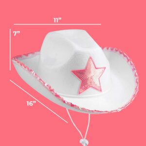 White Cowgirl Hat - (pack Of 2) Adult Size Pink Star Cowboy Hats For Women With Sequin Trim Fringe, Adjustable Neck Drawstring, White Cowboy Hat For Costume Party, Play Dress-up Fits Most Women