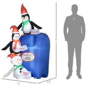 HOMCOM 6ft Christmas Inflatables Outdoor Decorations North Pole Mailbox with Penguins and Snowman, Blow-Up Yard Christmas Decor with LED Lights Display