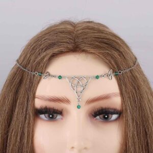 SHAMZBEST Bomine Boho Head Chain Crystal Hair Chain Forehead Festival Wedding Irish Headpieces Hair Acessories for Women and Girls (Green) (silver)