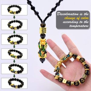 4 Pieces Feng Shui Pi Xiu Pi Yao Bracelet Necklace Set, Adjustable Feng Shui Lucky Nafu Wealth Necklaces Black Bead Bracelet with Hand Carved Amulet Bead (Six Thermochromism)