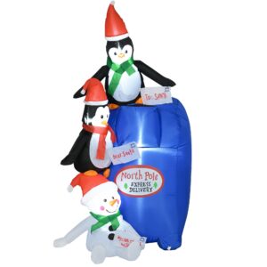 homcom 6ft christmas inflatables outdoor decorations north pole mailbox with penguins and snowman, blow-up yard christmas decor with led lights display