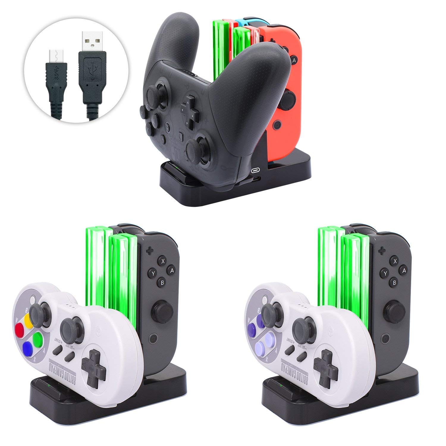 FASTSNAIL Charging Dock and 2 Pack Switch Grips Kit for Nintendo Switch Joy Con & OLED Model, Charger Stand Station with Charging Cable, Wear-Resistant Grip Controller with 6 Thumb Grip