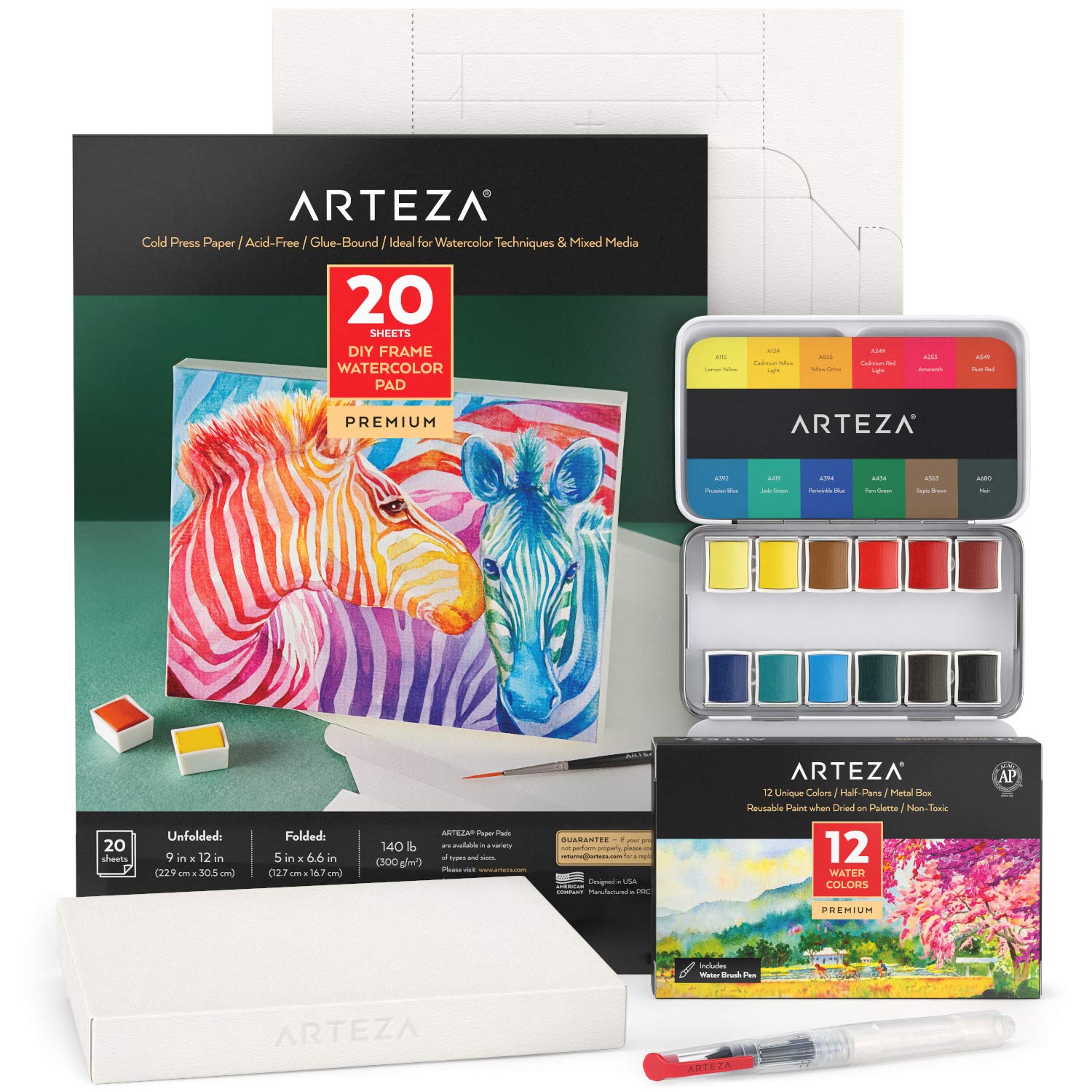 Arteza Watercolor Painting Art Set, Watercolor Half-Pans and Foldable Canvas Paper Bundle,DIY Kit, Art Supplies for Artists & Hobby Painters