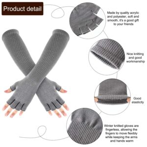 2 Pairs Winter Fingerless Gloves Long Thermal Knitted Mittens Stretchy Arm Warmers Half Finger Gloves for Men Women, 11 Inch (Black, Light Gray)