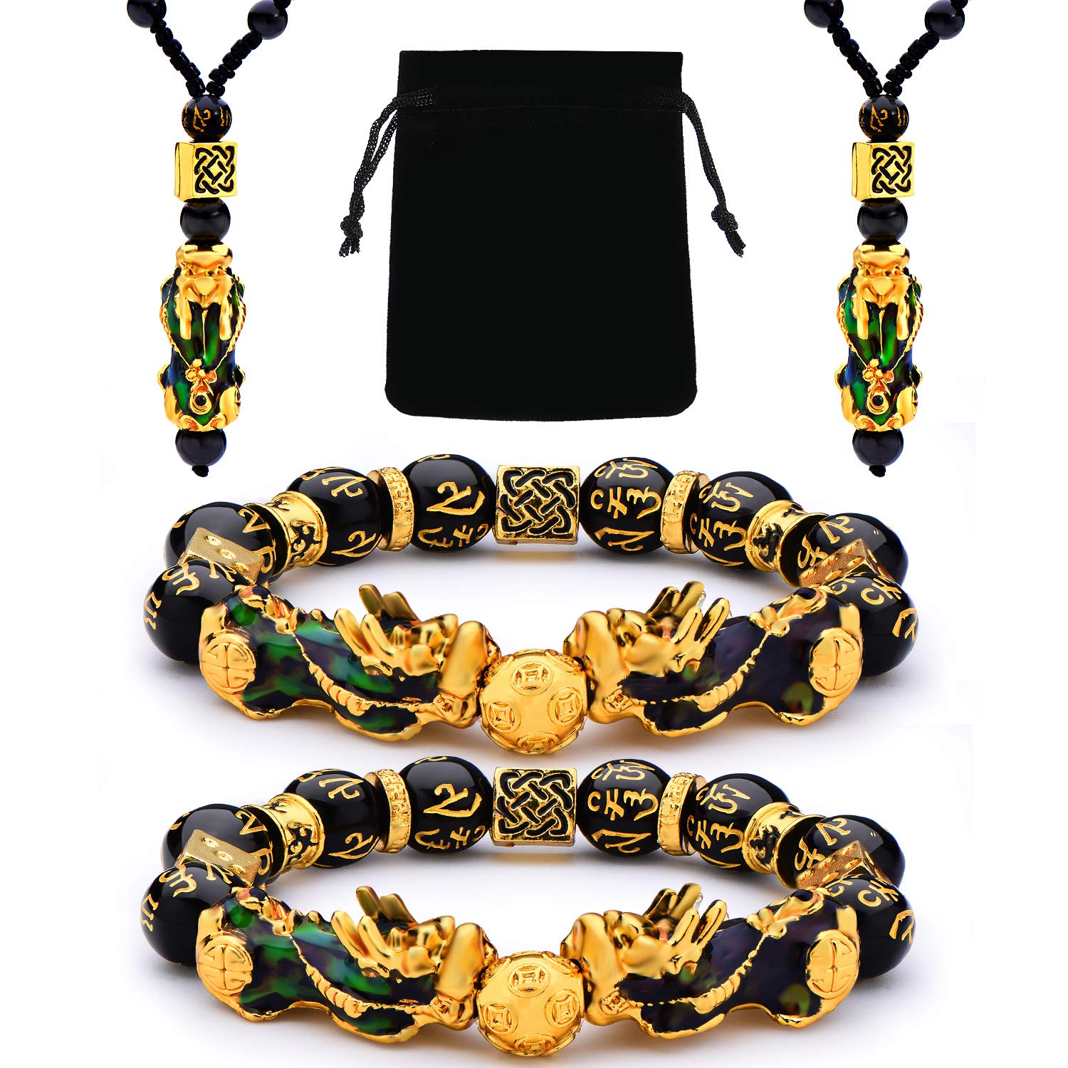 4 Pieces Feng Shui Pi Xiu Pi Yao Bracelet Necklace Set, Adjustable Feng Shui Lucky Nafu Wealth Necklaces Black Bead Bracelet with Hand Carved Amulet Bead (Six Thermochromism)