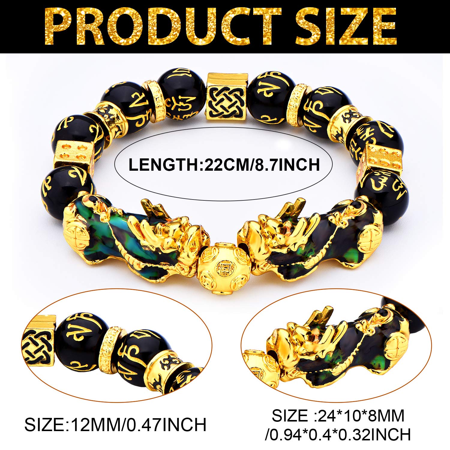 4 Pieces Feng Shui Pi Xiu Pi Yao Bracelet Necklace Set, Adjustable Feng Shui Lucky Nafu Wealth Necklaces Black Bead Bracelet with Hand Carved Amulet Bead (Six Thermochromism)