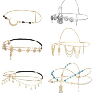 LOYALLOOK 6PCS Gold Head Chain Jewelry Boho Headband Head Chain Coins Crystal Moon Tassel Chain Hair Band Bridal Wedding Halloween Hair Headpiece for Women A