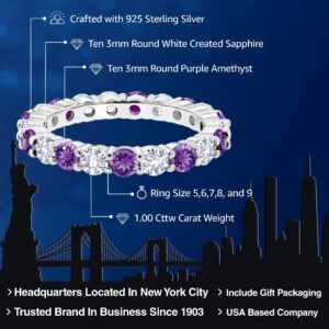 Gem Stone King 925 Sterling Silver 3MM Purple Amethyst and 3MM White Created Sapphire Eternity Band Ring For Women (1.00 Cttw, Round 3MM, Gemstone Birthstone, Available In Size 5, 6, 7, 8, 9)