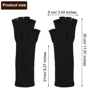 2 Pairs Winter Fingerless Gloves Long Thermal Knitted Mittens Stretchy Arm Warmers Half Finger Gloves for Men Women, 11 Inch (Black, Light Gray)