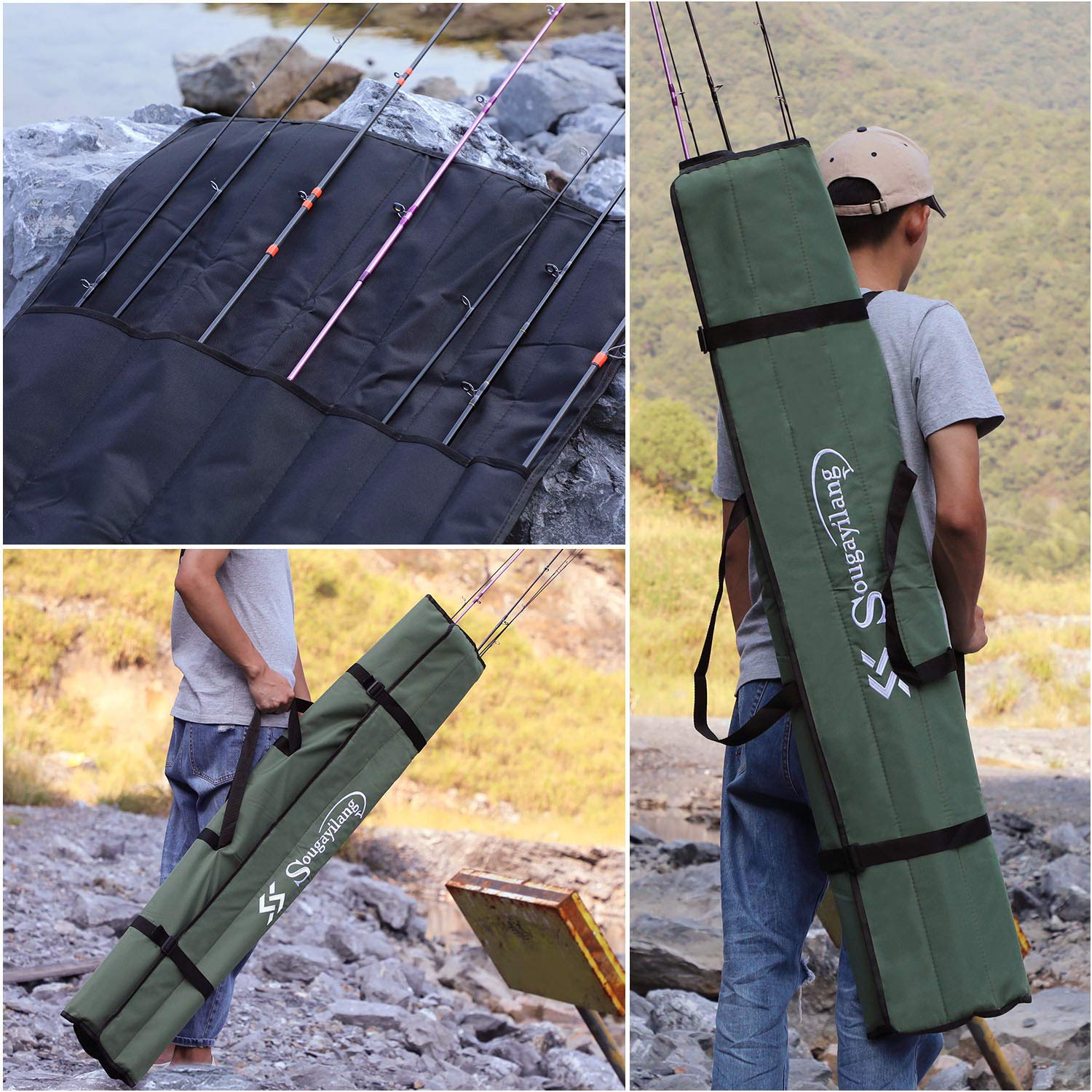 Sougayilang Fishing Rod Bag Canvas Rod Case Organizer Pole Storage Bag Fishing Rod and Reel Carrier Organizer for Travel, Gift for Father, Boyfriend and Family