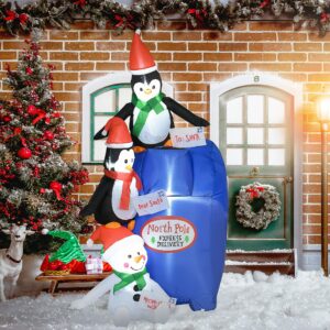 HOMCOM 6ft Christmas Inflatables Outdoor Decorations North Pole Mailbox with Penguins and Snowman, Blow-Up Yard Christmas Decor with LED Lights Display