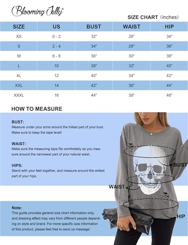 Blooming Jelly Women's Halloween Sweatshirts Skull Graphic T Shirts Long Sleeve Pullover Gothic Fall Trendy Outfits 2024 (Large, Grey)