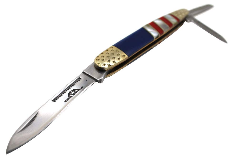 Old Ram Collection Every Day Carry 3 Blade Smooth Non-Slippery Handle Trapper Folding Pocket Knife (USA FLAG)