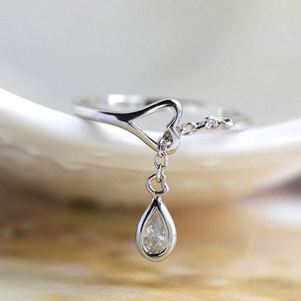 SEniutarm Engagement Love Rings Wedding Bands Adjustable Chain Teardrop Cubic Zirconia CZ Hollow Heart Opening Finger Ring for Women/Girl Finger Rings DIY Jewelry Gifts - Silver