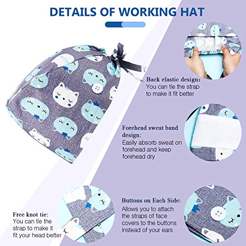 Geyoga 10 Pieces Women Bouffant Caps with Buttons Adjustable Hat Breathable Turban Cap Sweatband Hats Tie Back