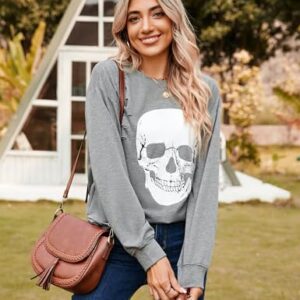 Blooming Jelly Women's Halloween Sweatshirts Skull Graphic T Shirts Long Sleeve Pullover Gothic Fall Trendy Outfits 2024 (Large, Grey)