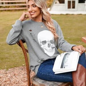 Blooming Jelly Women's Halloween Sweatshirts Skull Graphic T Shirts Long Sleeve Pullover Gothic Fall Trendy Outfits 2024 (Large, Grey)