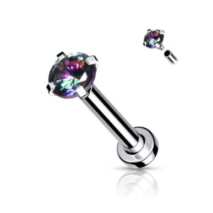 Amelia Fashion 16GA (1.2mm) L. 5/16" (8mm) Labret With CZ Prong Set Top Flat Back Stud Internally Threaded Micro Base 316L Surgical Steel For Nose, Lip, Chin, and More (Vitrail Medium)