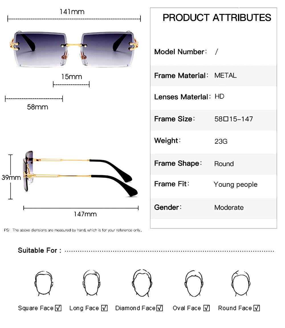 HEPTAGRAM 7 Rimless Rectangle Sunglasses for Women Square Fashion Frameless Small Vintage Buffs Glasses for Men shades (Brown)