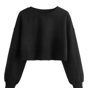 SweatyRocks Women's Casual Long Sleeve Raw Hem Pullover Crop Tops Sweatshirts Black M