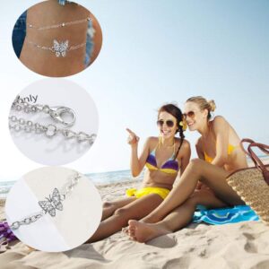 14K Butterfly Silver - Adjustable Layered - Jewelry Anklet Gifts for Women Teen Girls