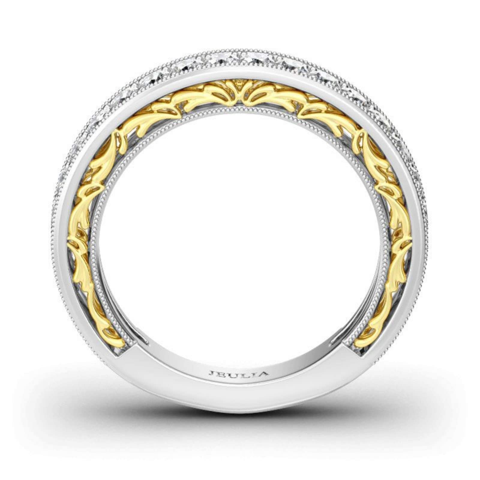 Jeulia Two Tone Scrollwork Sterling Silver Women's Band Custom Engraved Ring for Engagement Anniversary Wedding With Gift Box (Yellow Gold, 6.5)